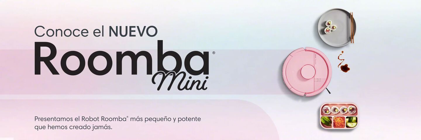 Conoce el nuevo Roomba Mini, nuestro robot m&aacute;s peque&ntilde;o y potente hasta la fecha. Roomba Mini rosa junto a un plato y una caja bento