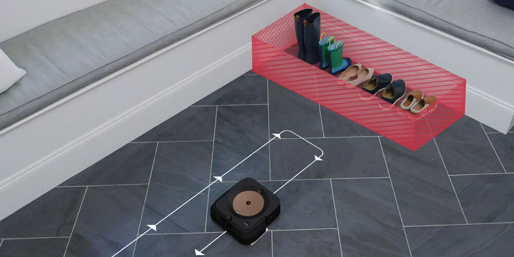 A Roomba avoiding a group of shoes