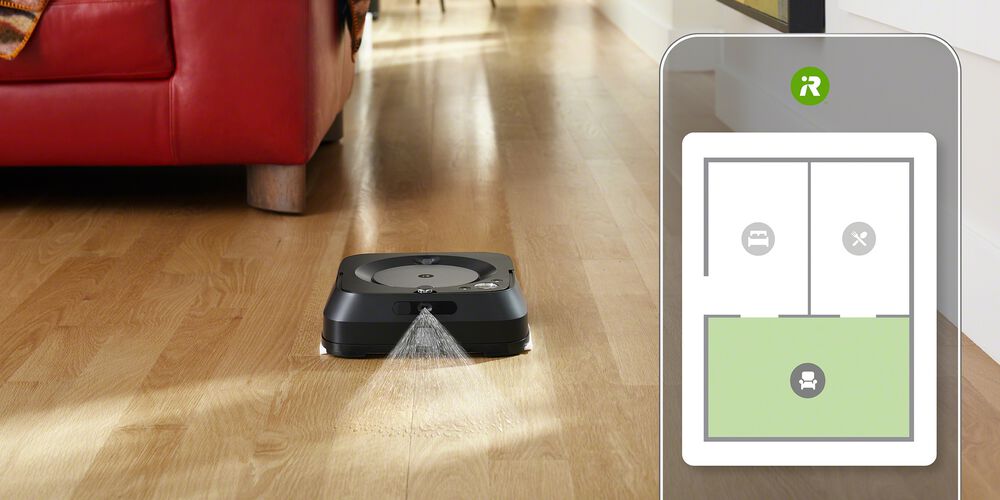 Een zwarte Braava robot en een smart map op een telefoon