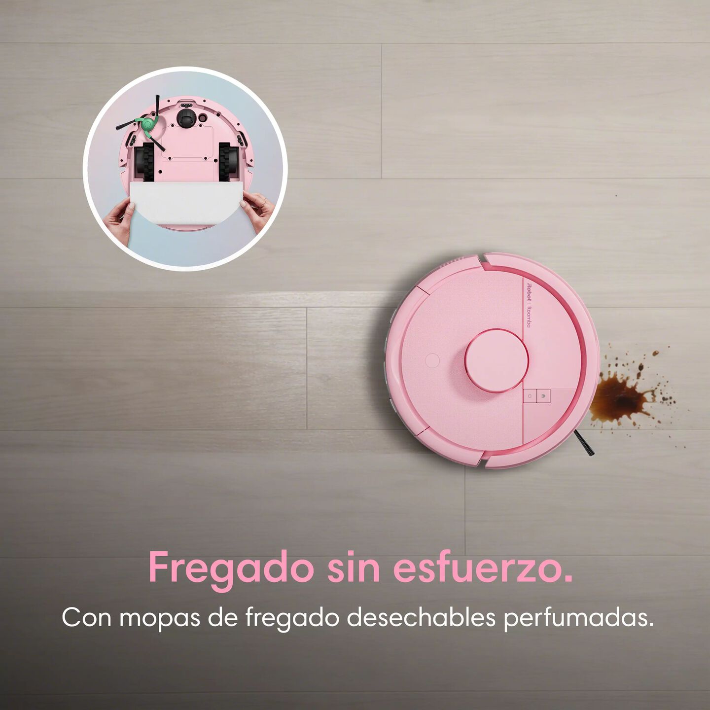 Roomba Mini rosa con pa&ntilde;o de limpieza, fregado sin complicaciones